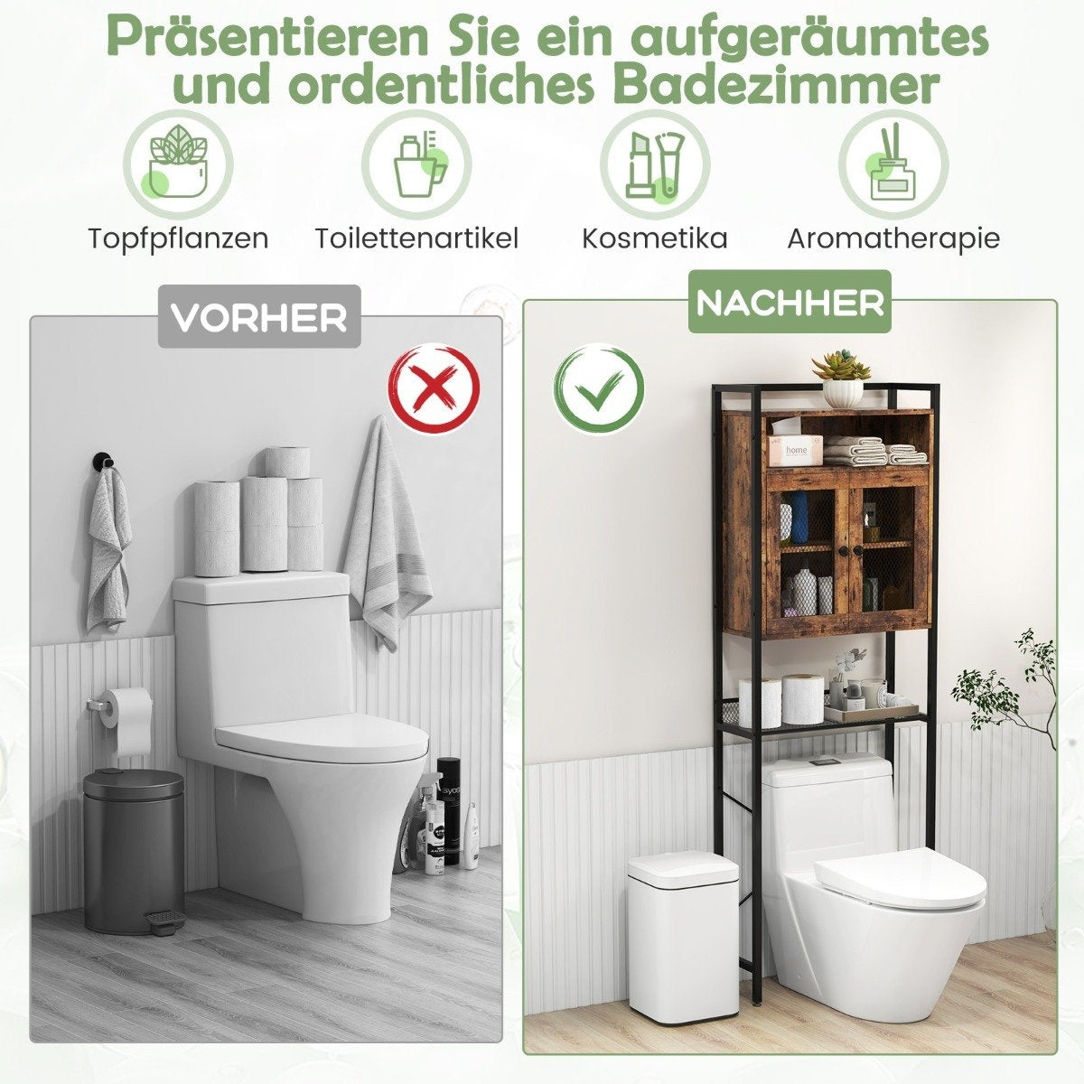 Toilet Cabinet with Double Door Bathroom Shelf Washing Machine Shelf 60 x 24 x 172 cm Brown