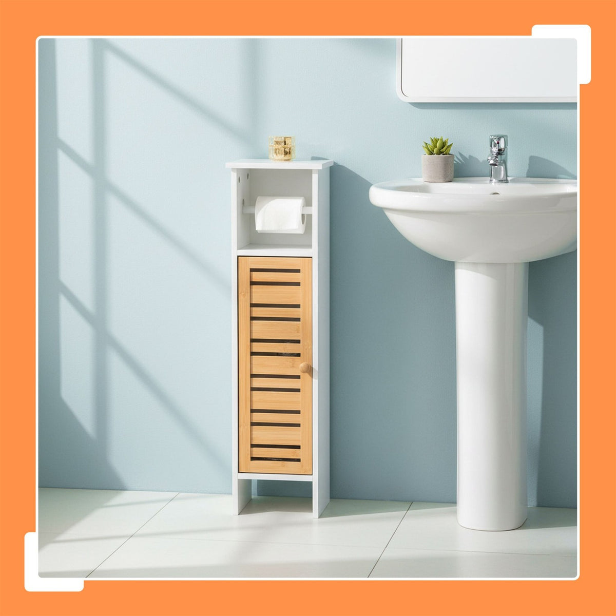 Toilet Paper Holder Cabinet, 3 Shelves, Bamboo Door