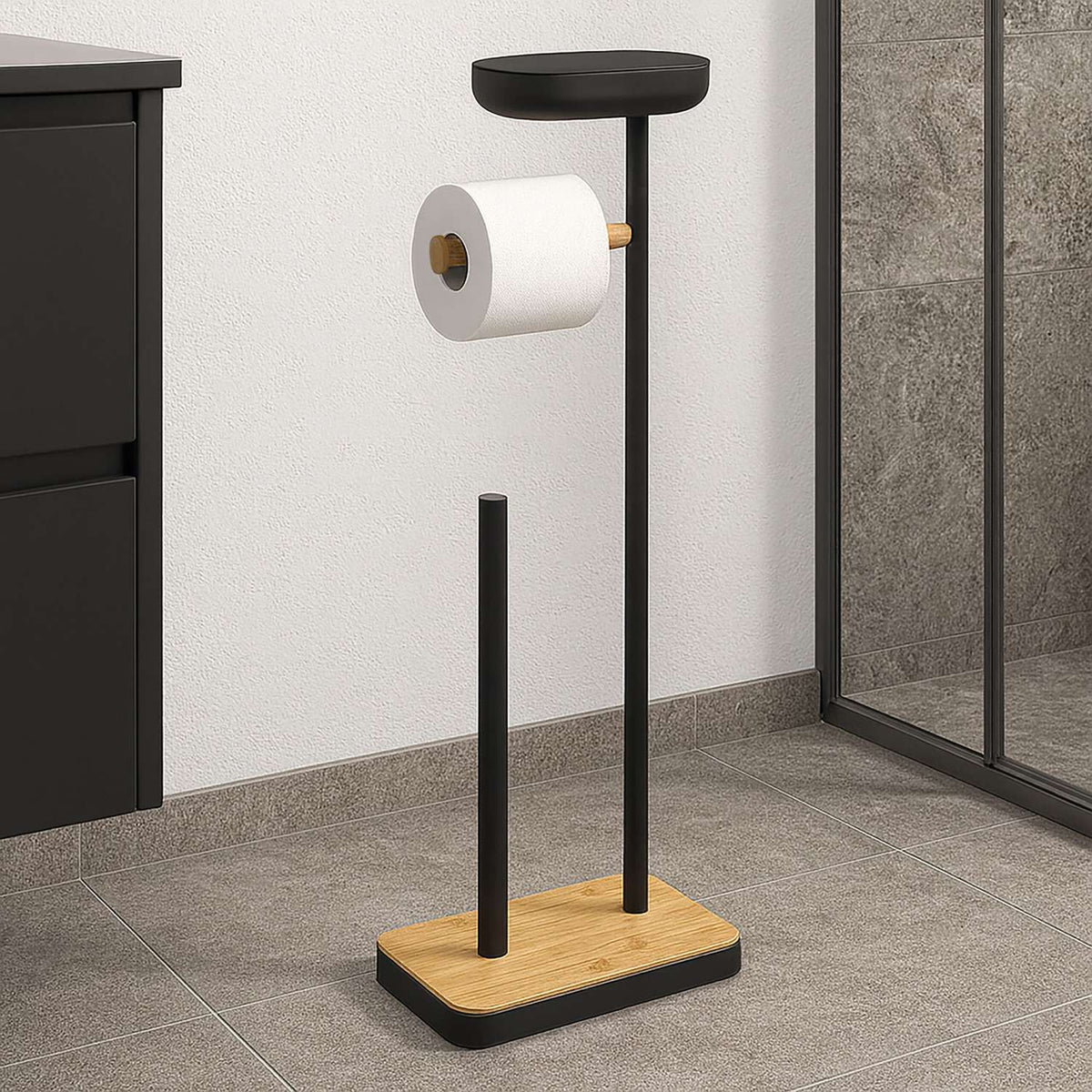 Toilet Paper Holder with Shelf – Bamboo, Freestanding