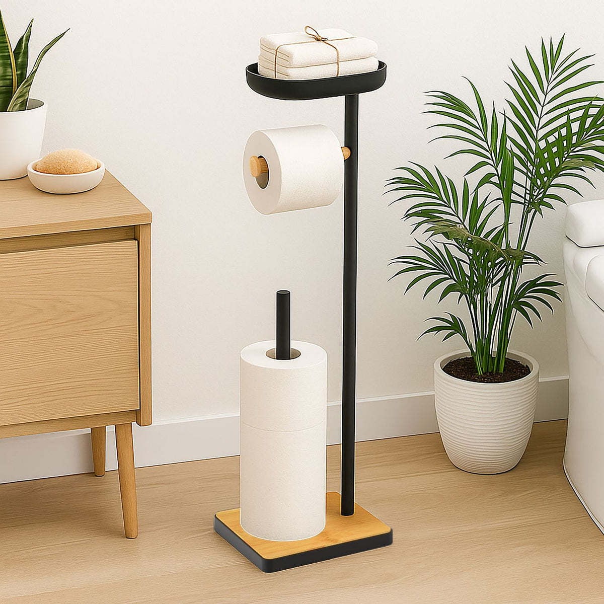 Toilet Paper Holder with Shelf – Bamboo, Freestanding