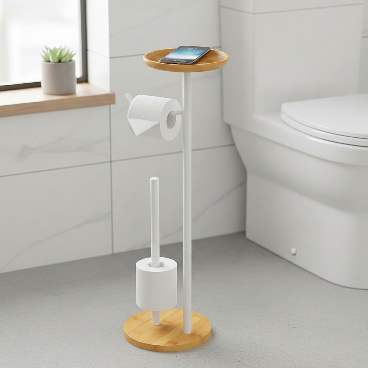 Toilet Paper Holder with Shelf, Bamboo and Metal