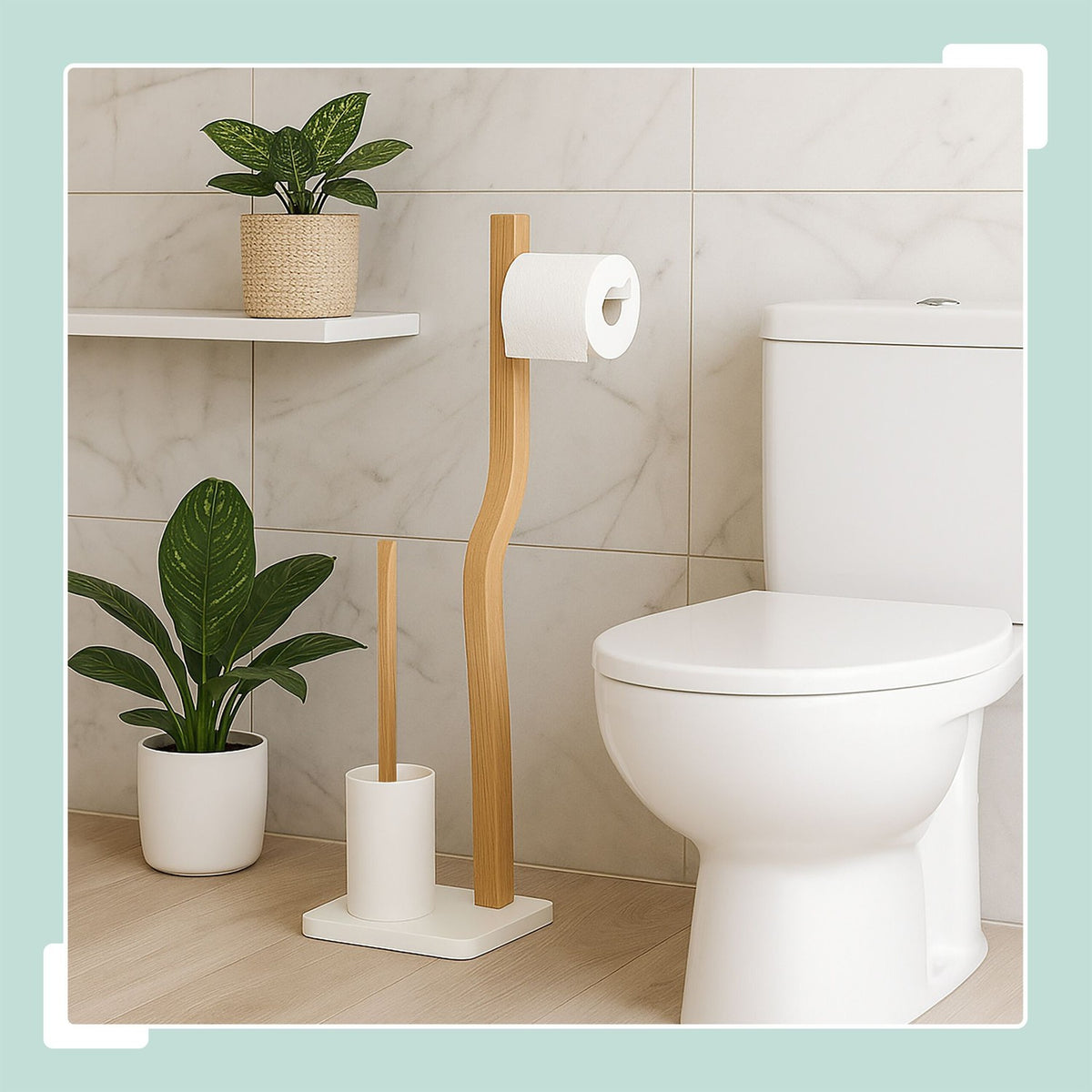 Toilet Roll Holder and Brush Set, Wood and Metal