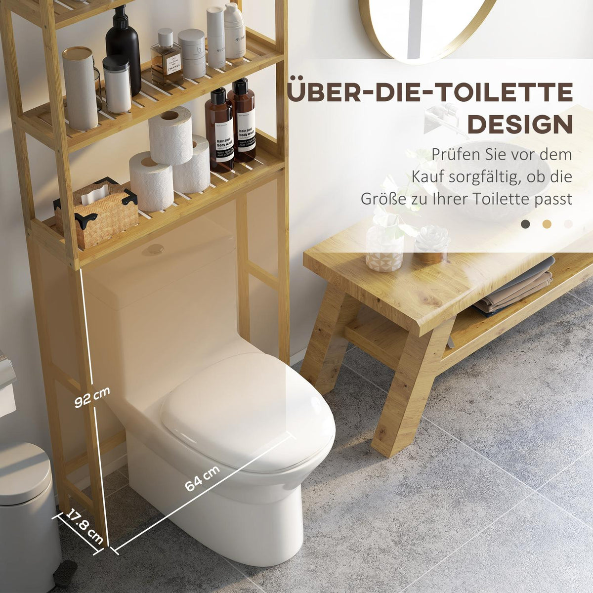 Toilet Shelf 3 Tier Bathroom Standing Shelf With Anti-Tip Storage Shelf Bamboo Natural