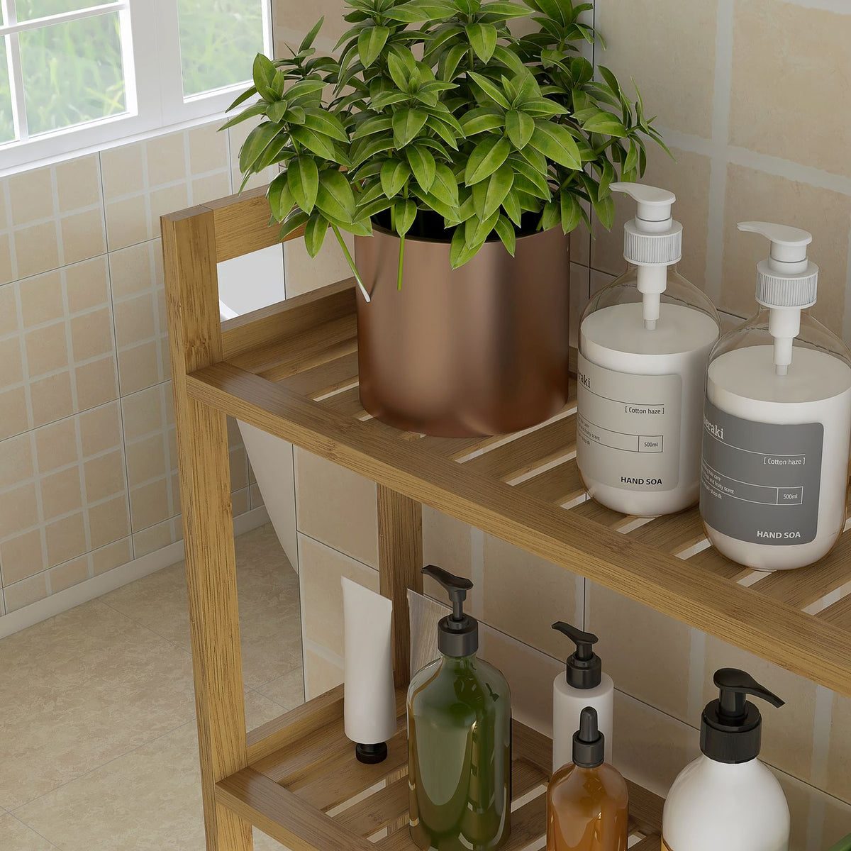 Toilet Shelf 3 Tier Bathroom Standing Shelf With Anti-Tip Storage Shelf Bamboo Natural