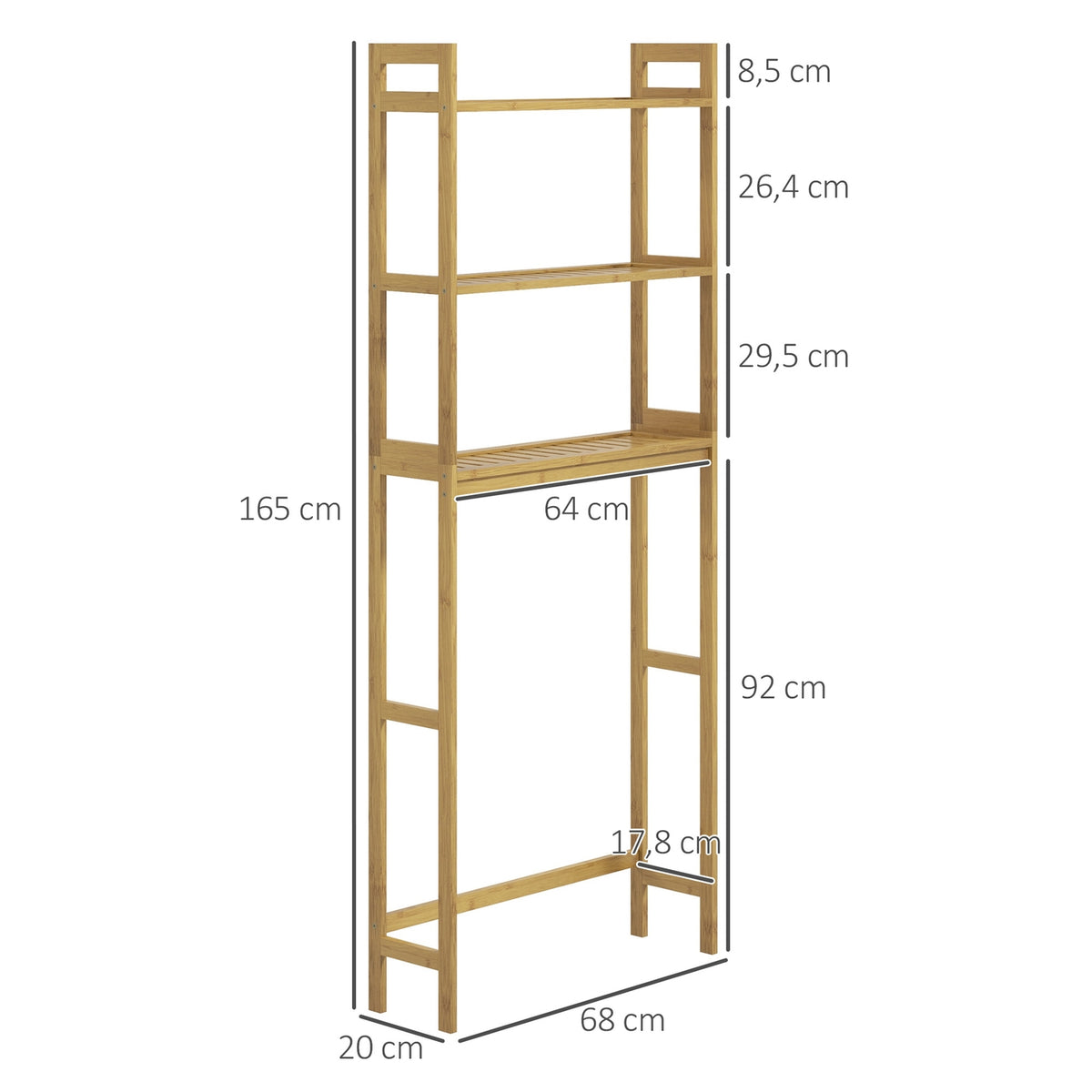 Toilet Shelf 3 Tier Bathroom Standing Shelf With Anti-Tip Storage Shelf Bamboo Natural