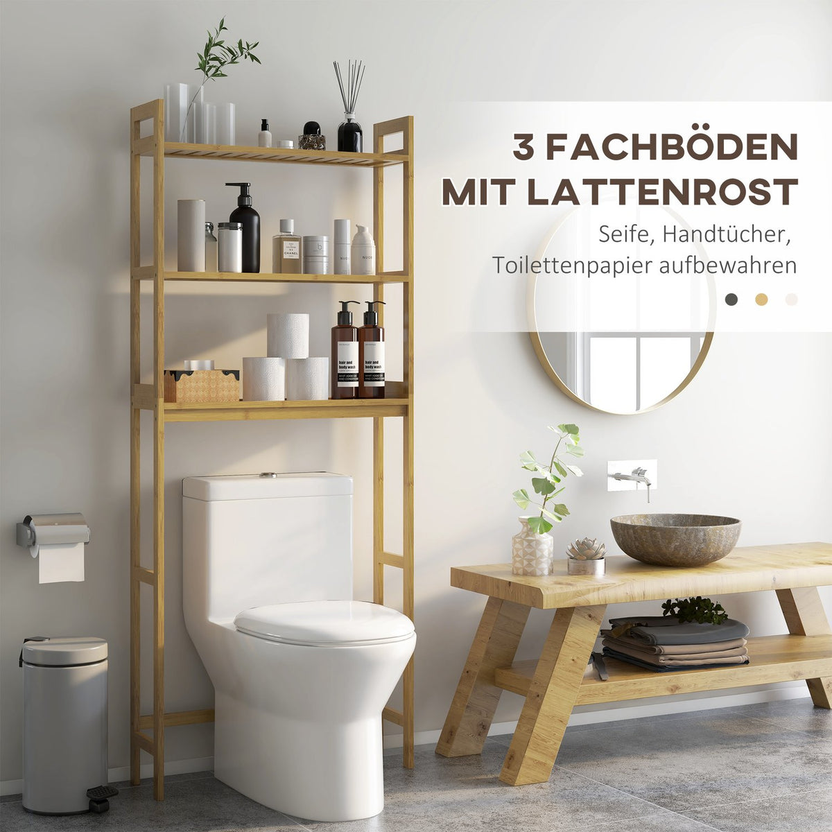 Toilet Shelf 3 Tier Bathroom Standing Shelf With Anti-Tip Storage Shelf Bamboo Natural