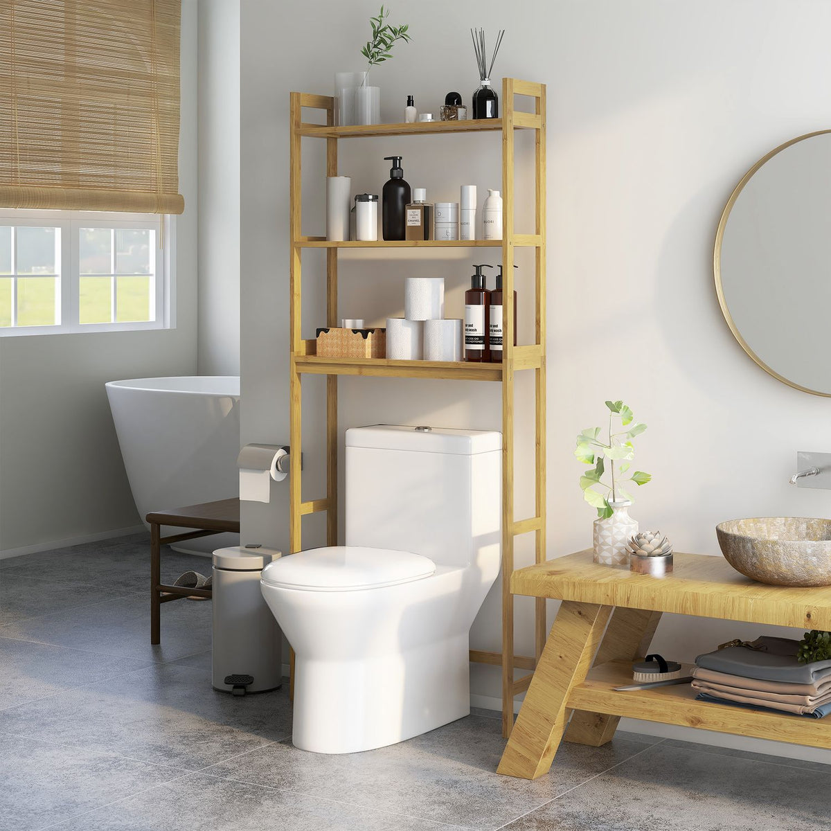 Toilet Shelf 3 Tier Bathroom Standing Shelf With Anti-Tip Storage Shelf Bamboo Natural