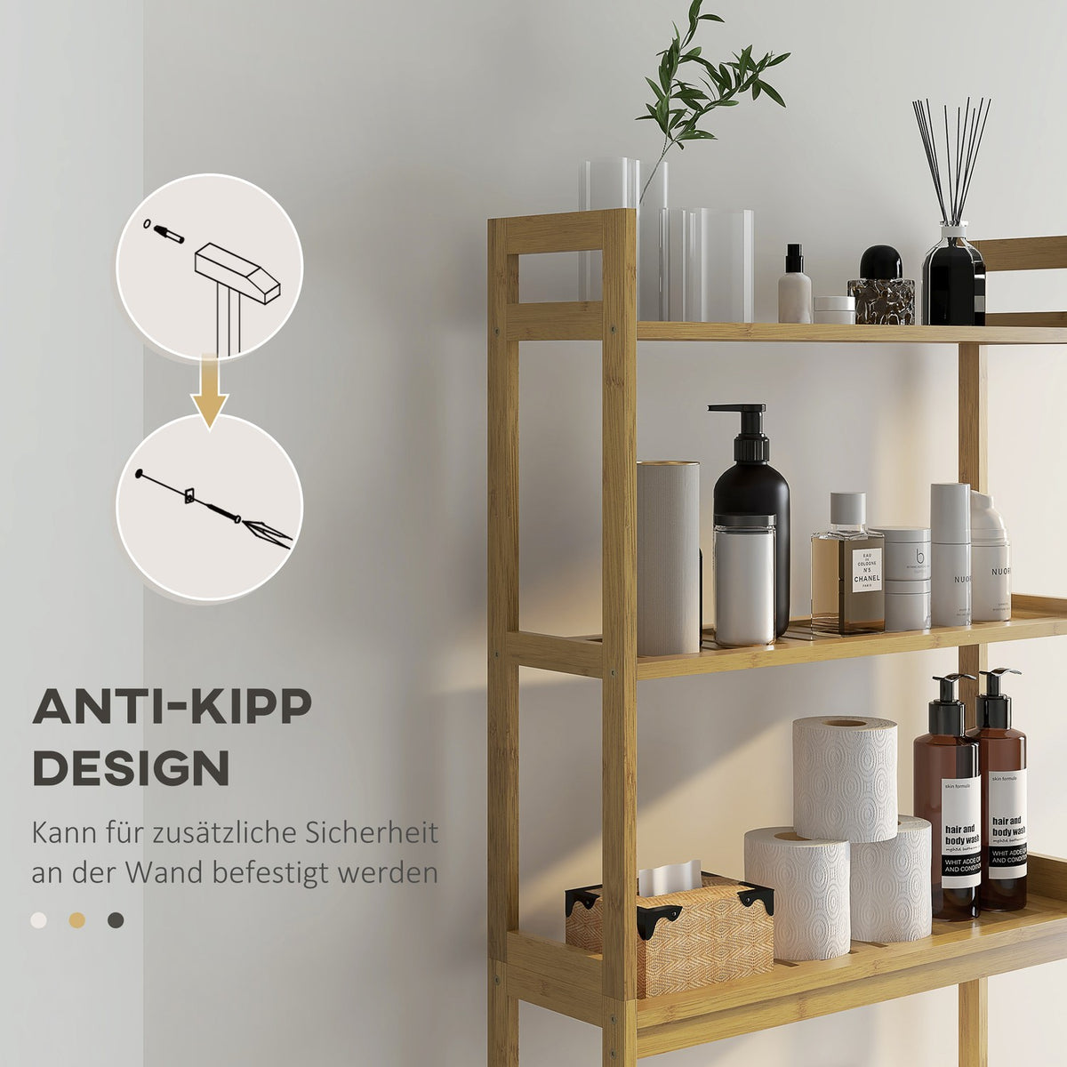Toilet Shelf 3 Tier Bathroom Standing Shelf With Anti-Tip Storage Shelf Bamboo Natural