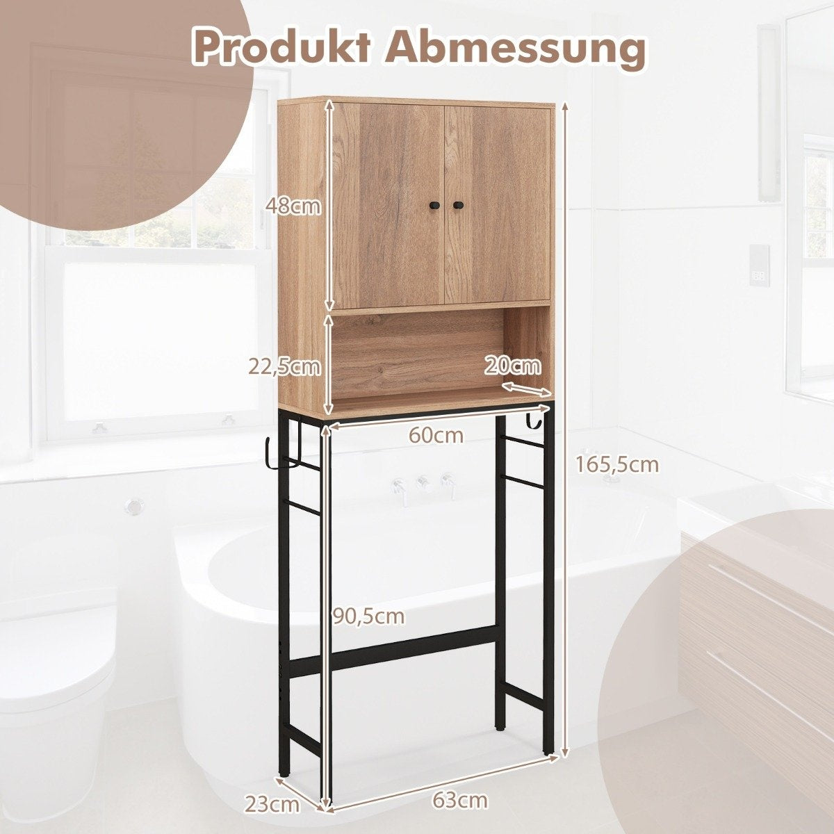 Toilet cabinet freestanding toilet shelf with 2 doors &amp; 2 hooks 63 x 23 x 165.5 cm natural