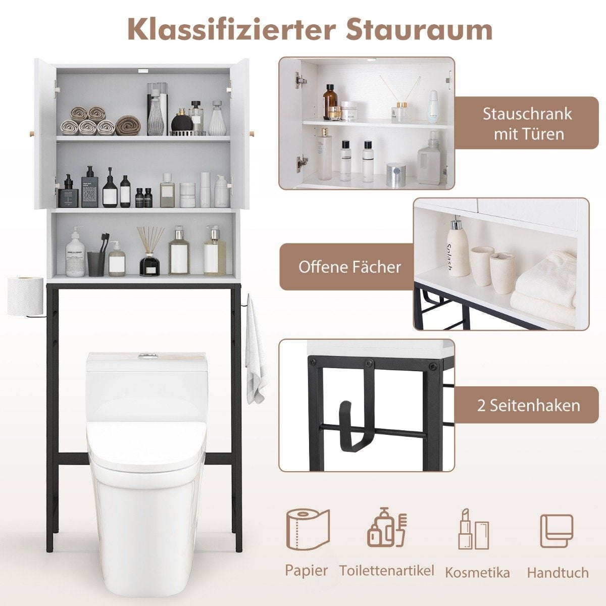 Toilet cabinet freestanding toilet shelf with 2 doors &amp; 2 hooks 63 x 23 x 165.5 cm white