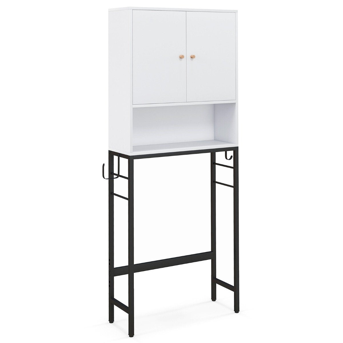 Toilet cabinet freestanding toilet shelf with 2 doors &amp; 2 hooks 63 x 23 x 165.5 cm white