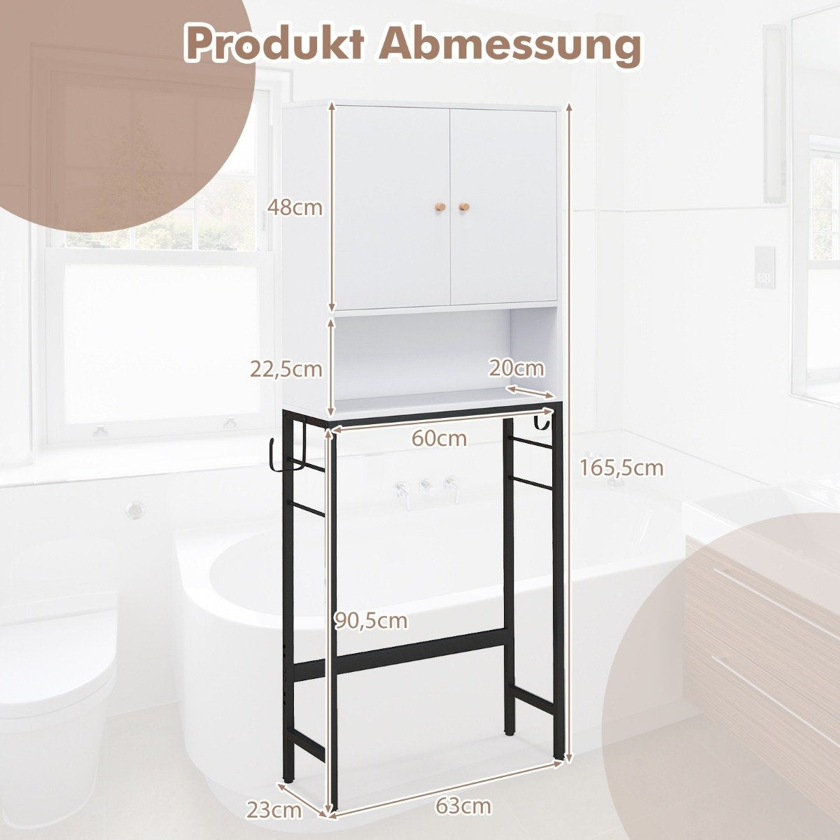 Toilet cabinet freestanding toilet shelf with 2 doors &amp; 2 hooks 63 x 23 x 165.5 cm white
