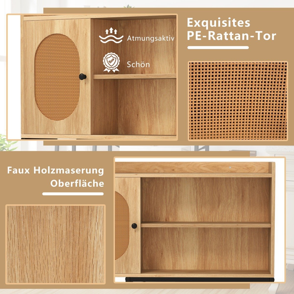 Toilet cabinet with PE rattan door Toilet shelf with adjustable shelf natural