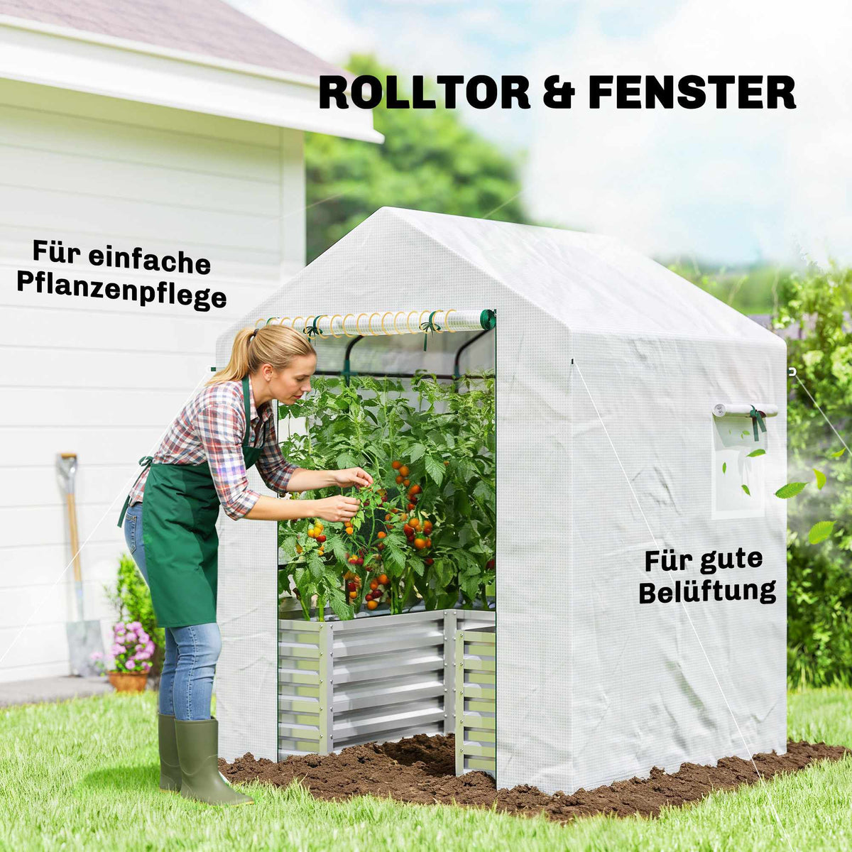 Tomato Greenhouse with Raised Bed, Roll-Up Door, 141x141x190 cm