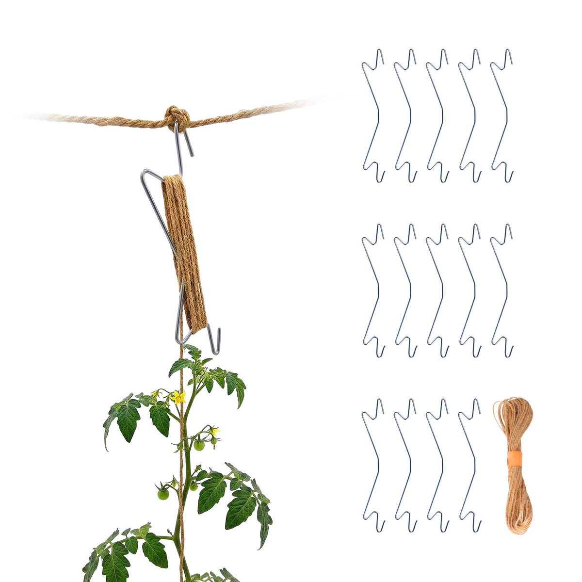 Tomato Plant Hooks with Jute Cord, Set of 15