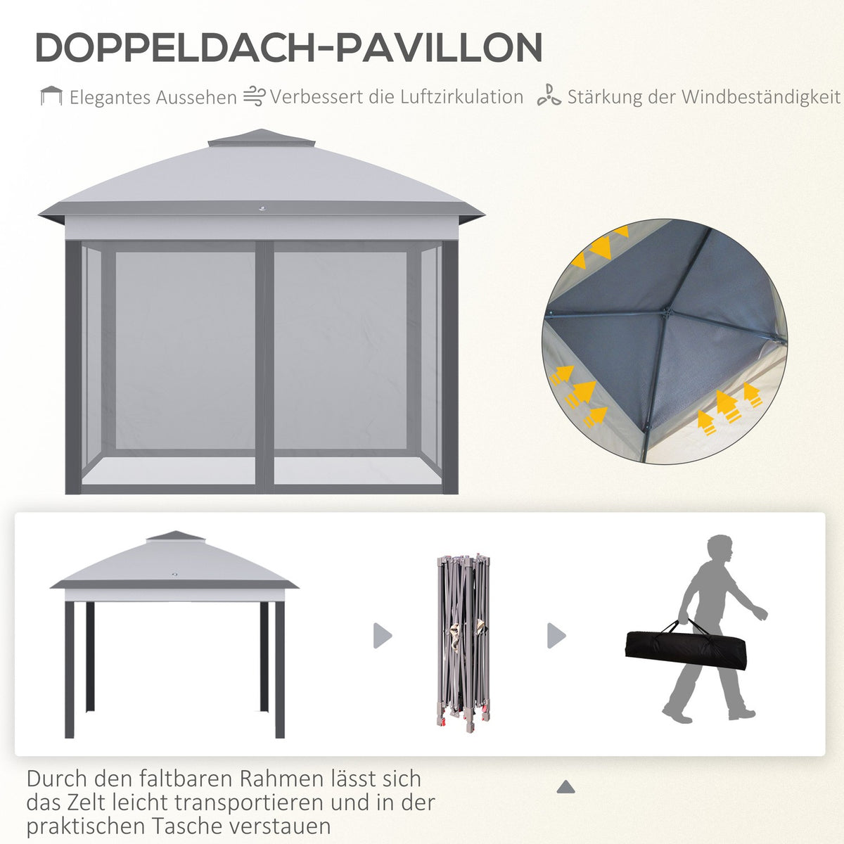 Tonnelle 3 x 3 m Garden Gazebo Pop-up Folding Tent Double Roof 4 Removable Mosquito Nets + Carry Bag Oxford Fabric Metal Gray