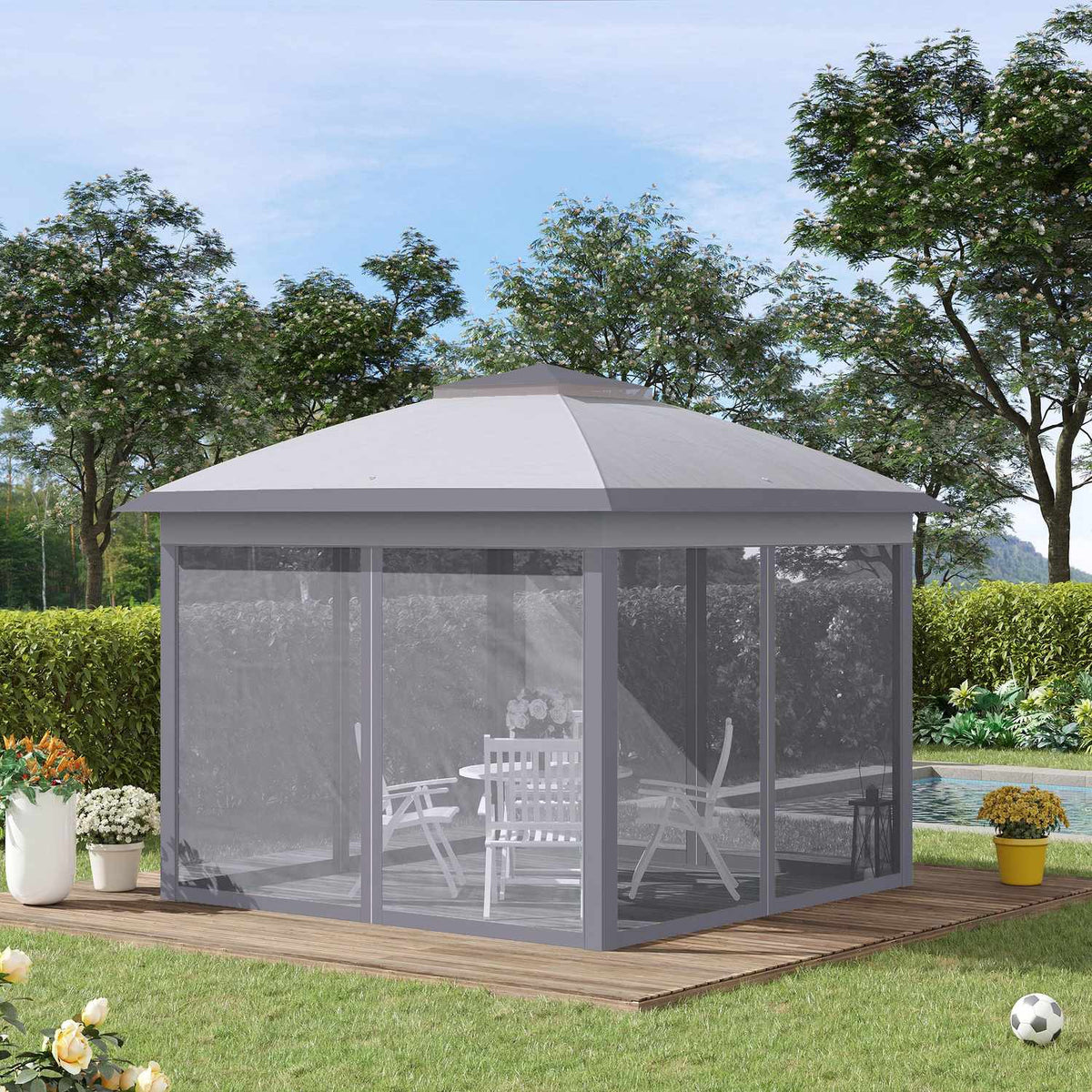 Tonnelle 3 x 3 m Garden Gazebo Pop-up Folding Tent Double Roof 4 Removable Mosquito Nets + Carry Bag Oxford Fabric Metal Gray