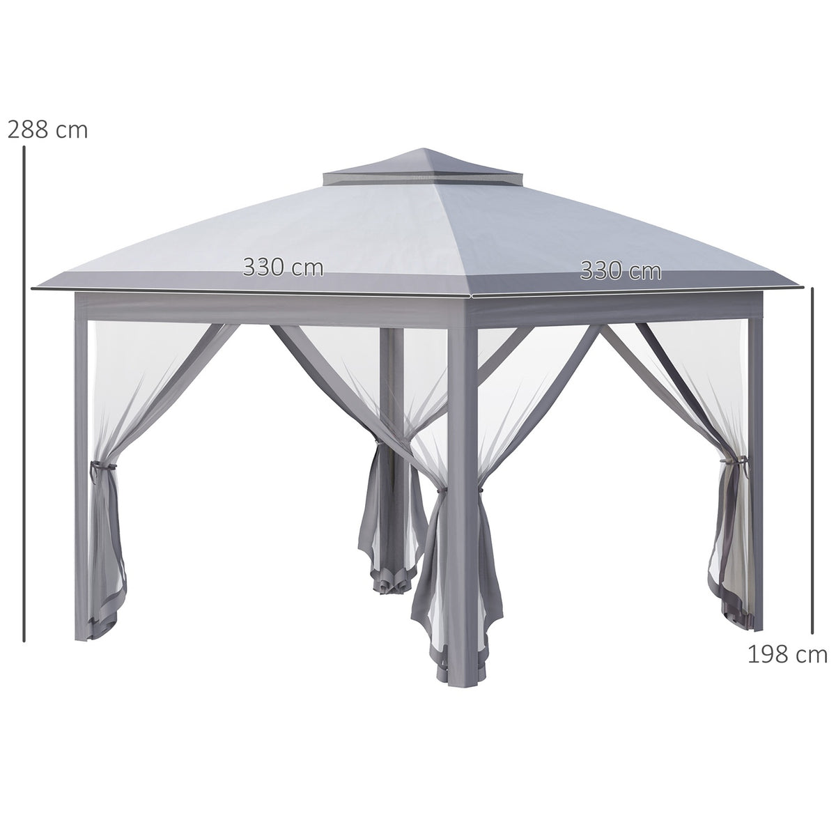 Tonnelle 3 x 3 m Garden Gazebo Pop-up Folding Tent Double Roof 4 Removable Mosquito Nets + Carry Bag Oxford Fabric Metal Gray