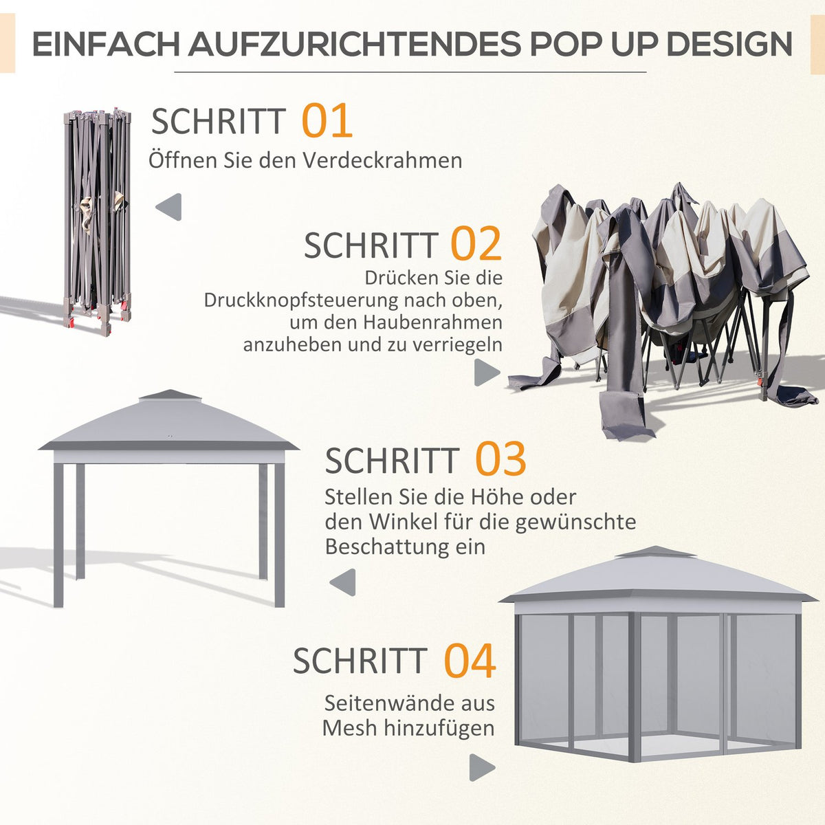 Tonnelle 3 x 3 m Garden Gazebo Pop-up Folding Tent Double Roof 4 Removable Mosquito Nets + Carry Bag Oxford Fabric Metal Gray