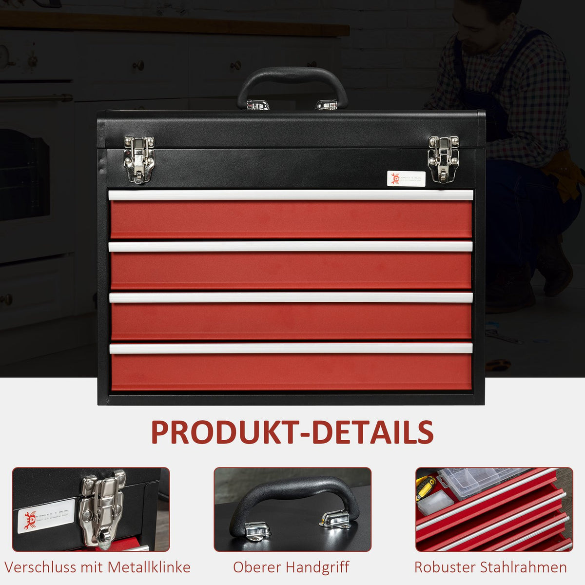 Tool Box 4 Drawers Lock Steel Black+Red 51X22X39.5Cm