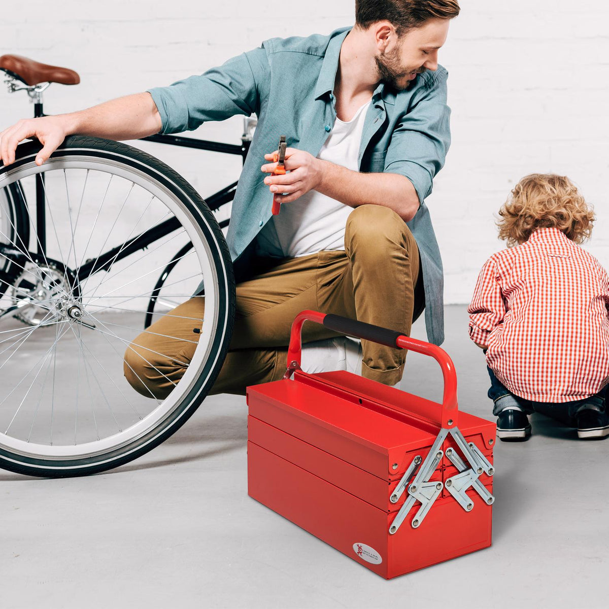 Tool Box Space-Saving Tool Box With 5 Compartments, Hinged, Stable, Steel (Spcc), Red, 45X22.5X34.5Cm