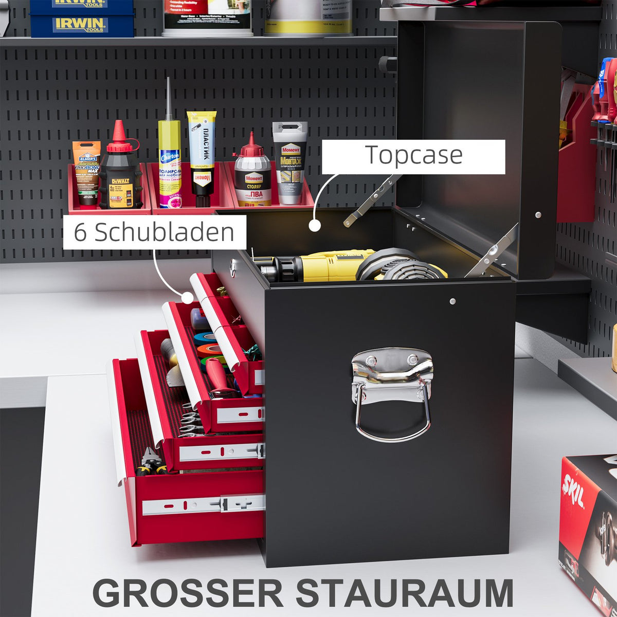 Tool Box Tool Box 6 Drawers Lock Tool Box Handle Tool Box Steel Red + Black 60X26X34Cm