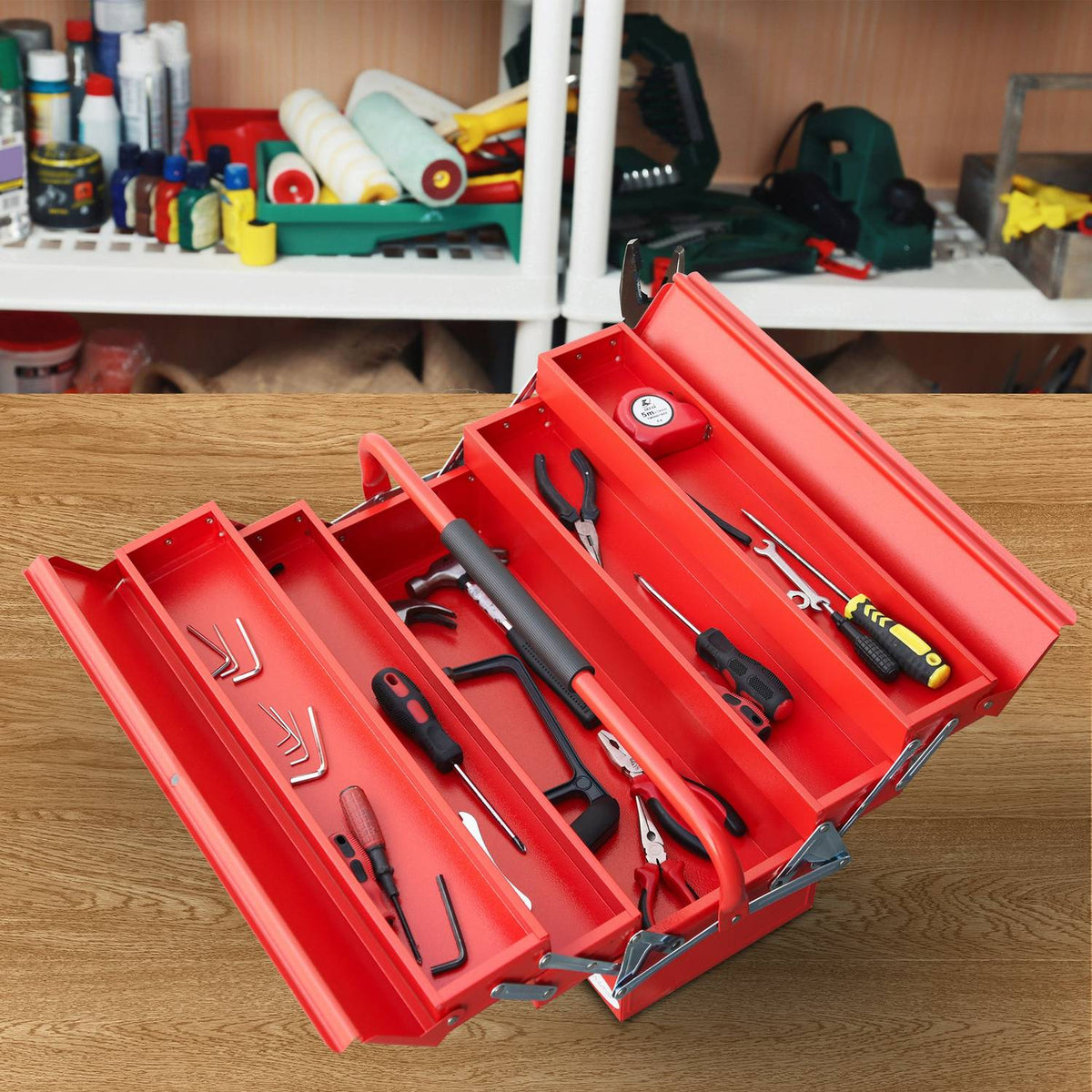 Tool Box, Tool Box, Tool Box, 5 Compartments, Foldable Steel (Spcc), Red, 57 X 21 X 41 Cm