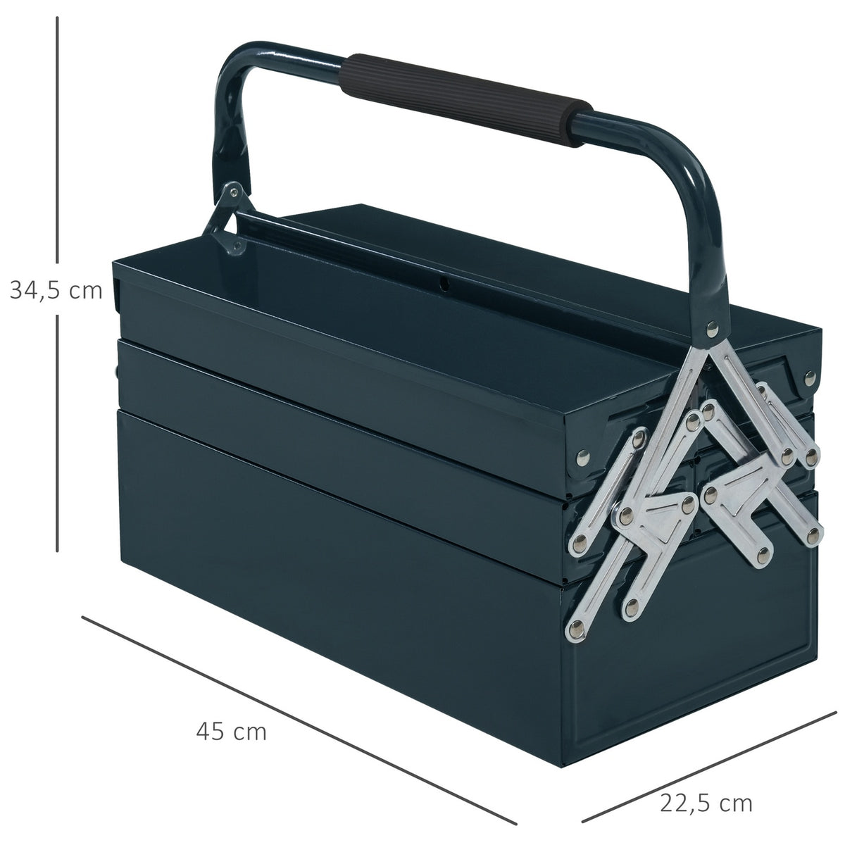 Tool Box, Tool Case, 5 Compartments, Hinged, Steel (Spcc), Dark Green, 45X22.5X34.5 Cm