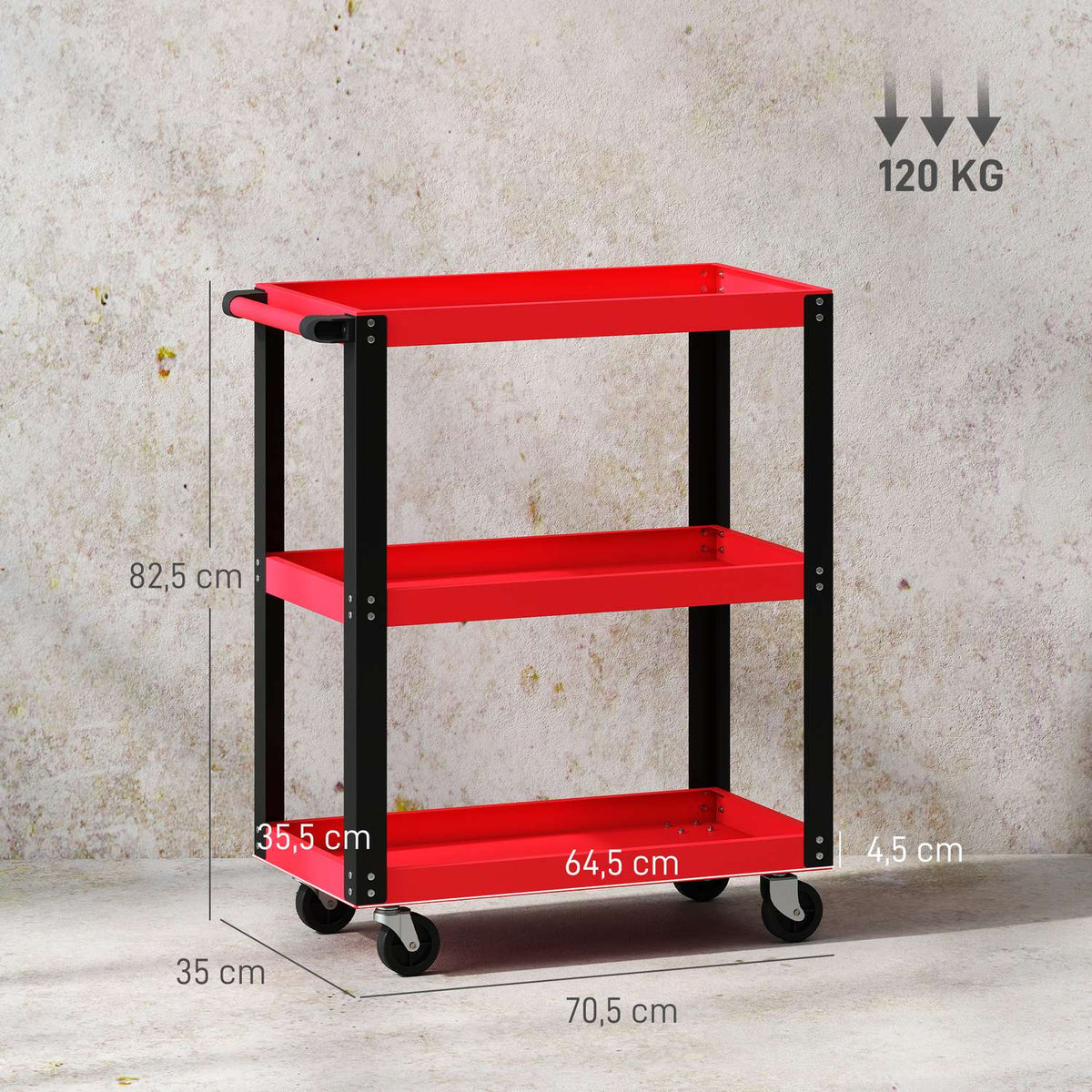 Tool Cart, 3 Tiers, Metal Frame, 120kg Capacity, Red