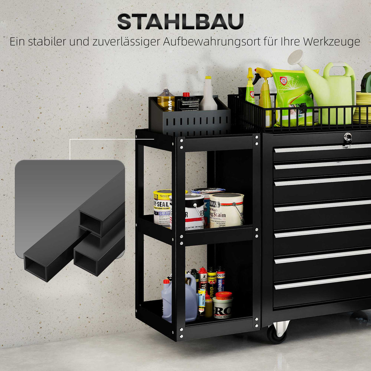 Tool Cart with 7 Drawers, 3-Tier Shelf, Steel, Black