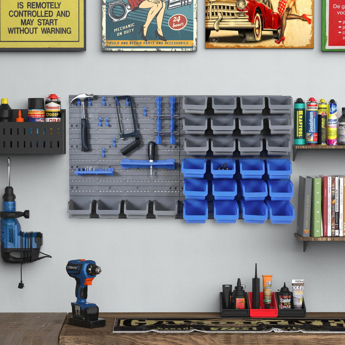 Tool Hole Wall, Tool Holder, Blue+Gray, For Workshop