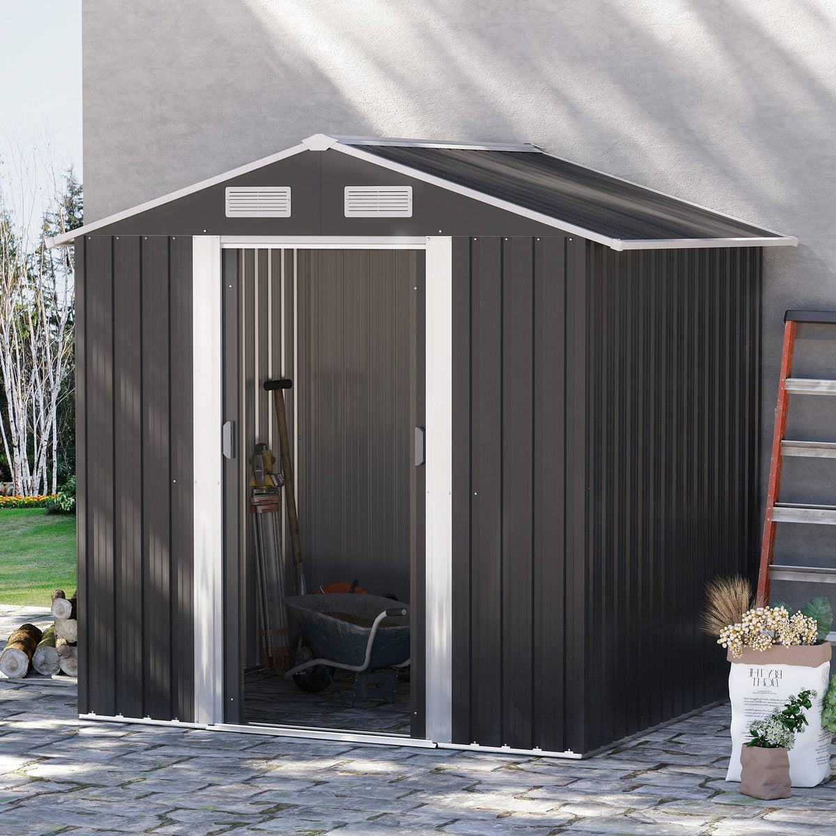 Tool Shed 2.6 M² Garden Shed With 2 Sliding Doors Made Of Galvanized Steel, 195.5X153X188Cm, Black