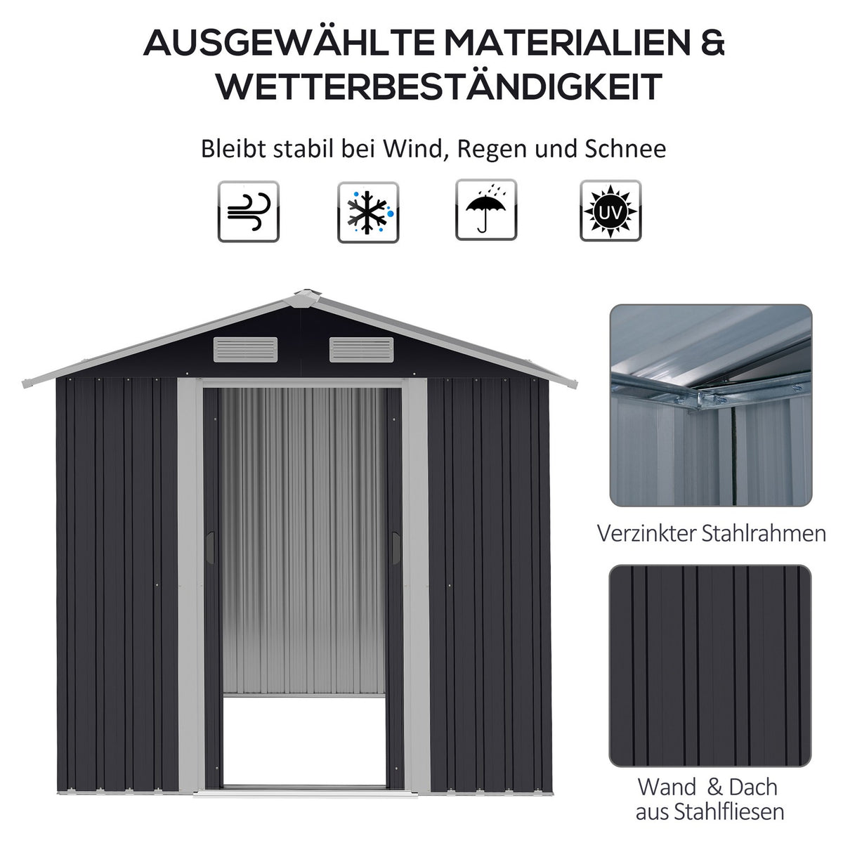 Tool Shed 2.6 M² Garden Shed With 2 Sliding Doors Made Of Galvanized Steel, 195.5X153X188Cm, Black