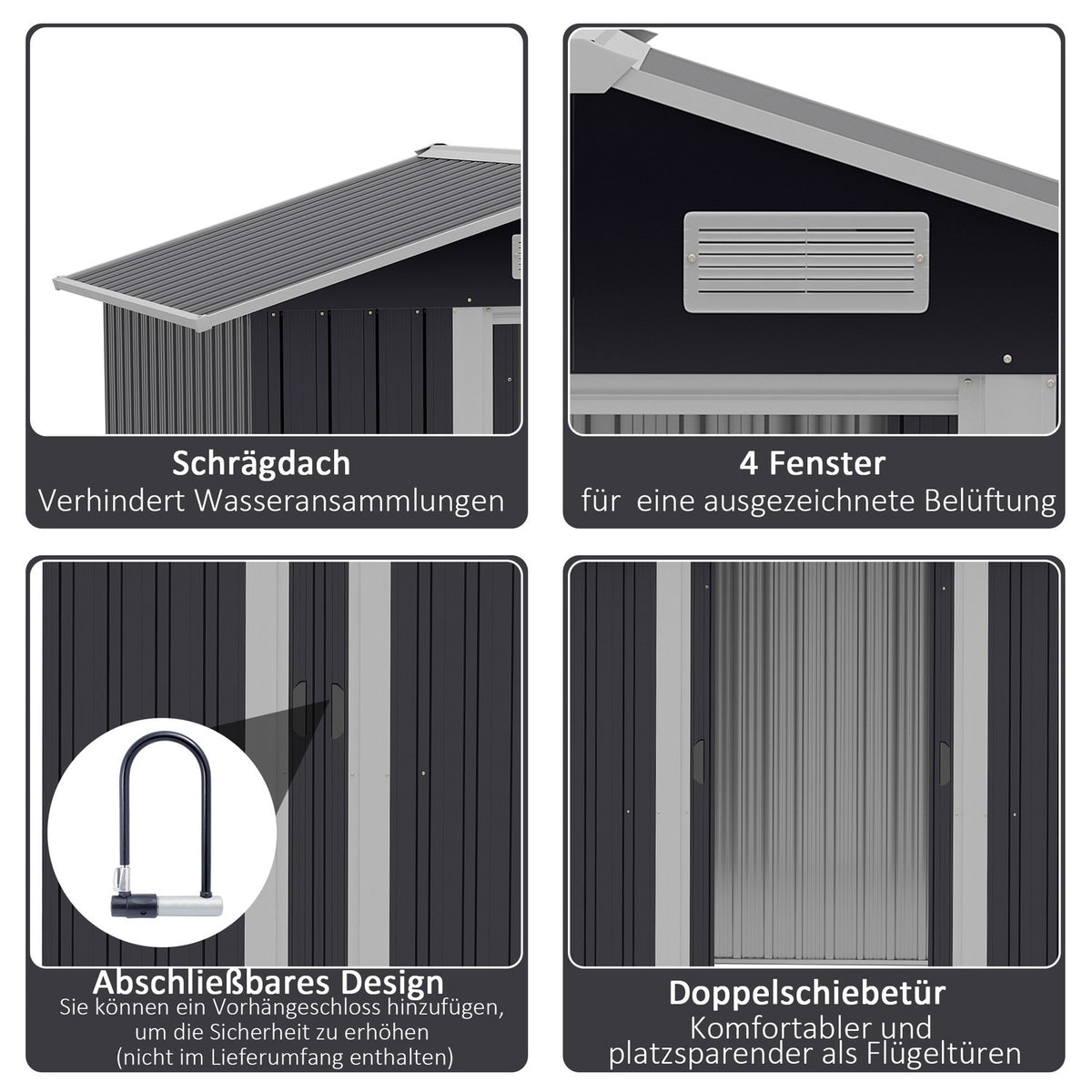 Tool Shed 2.6 M² Garden Shed With 2 Sliding Doors Made Of Galvanized Steel, 195.5X153X188Cm, Black