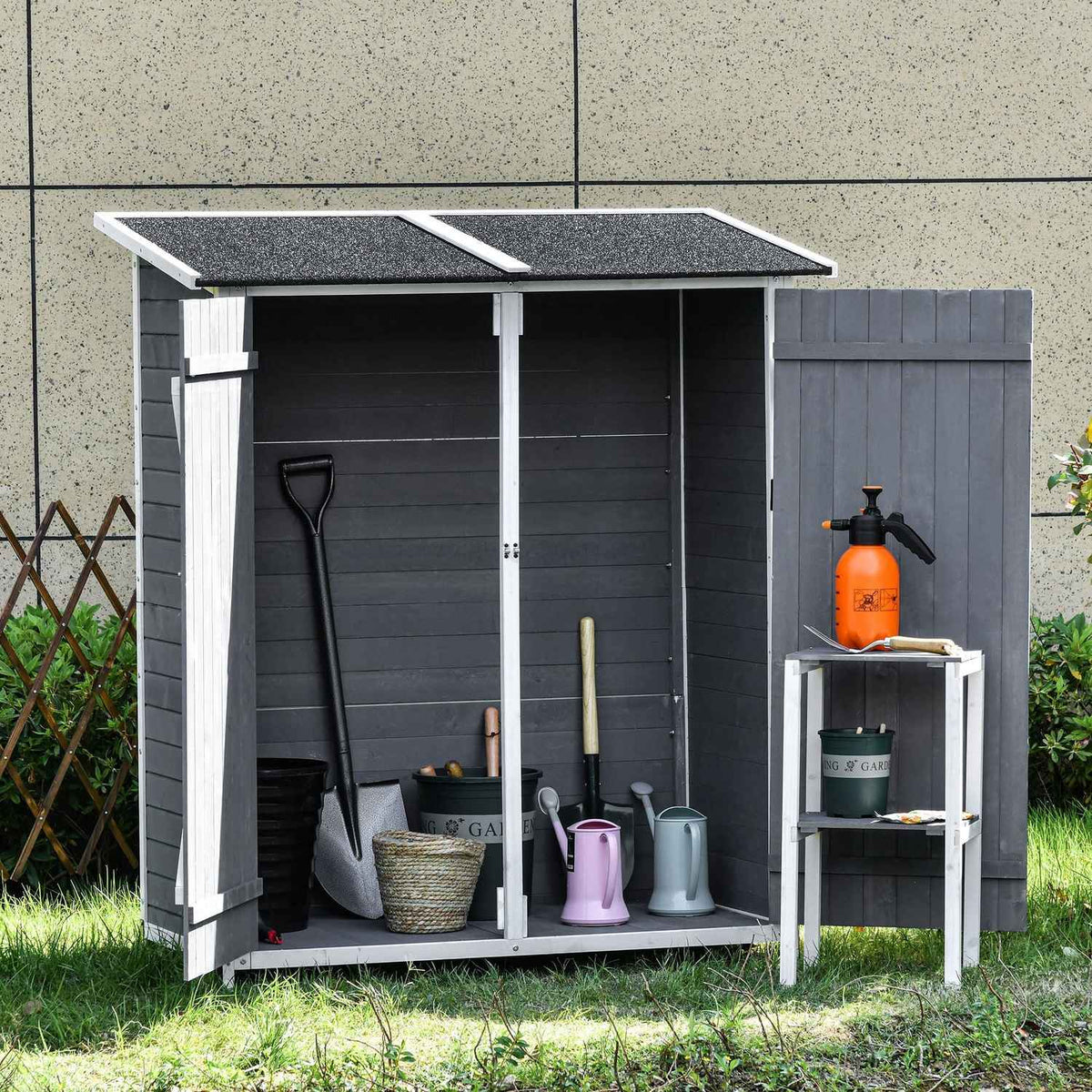 Tool Shed Garden Cabinet 2 Doors Asphalt Roof Fir Wood Gray + White 139X75X160Cm