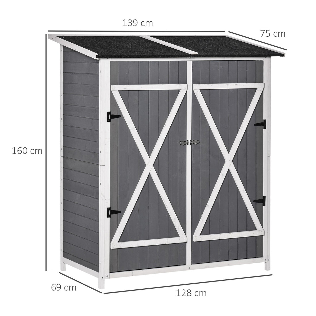 Tool Shed Garden Cabinet 2 Doors Asphalt Roof Fir Wood Gray + White 139X75X160Cm