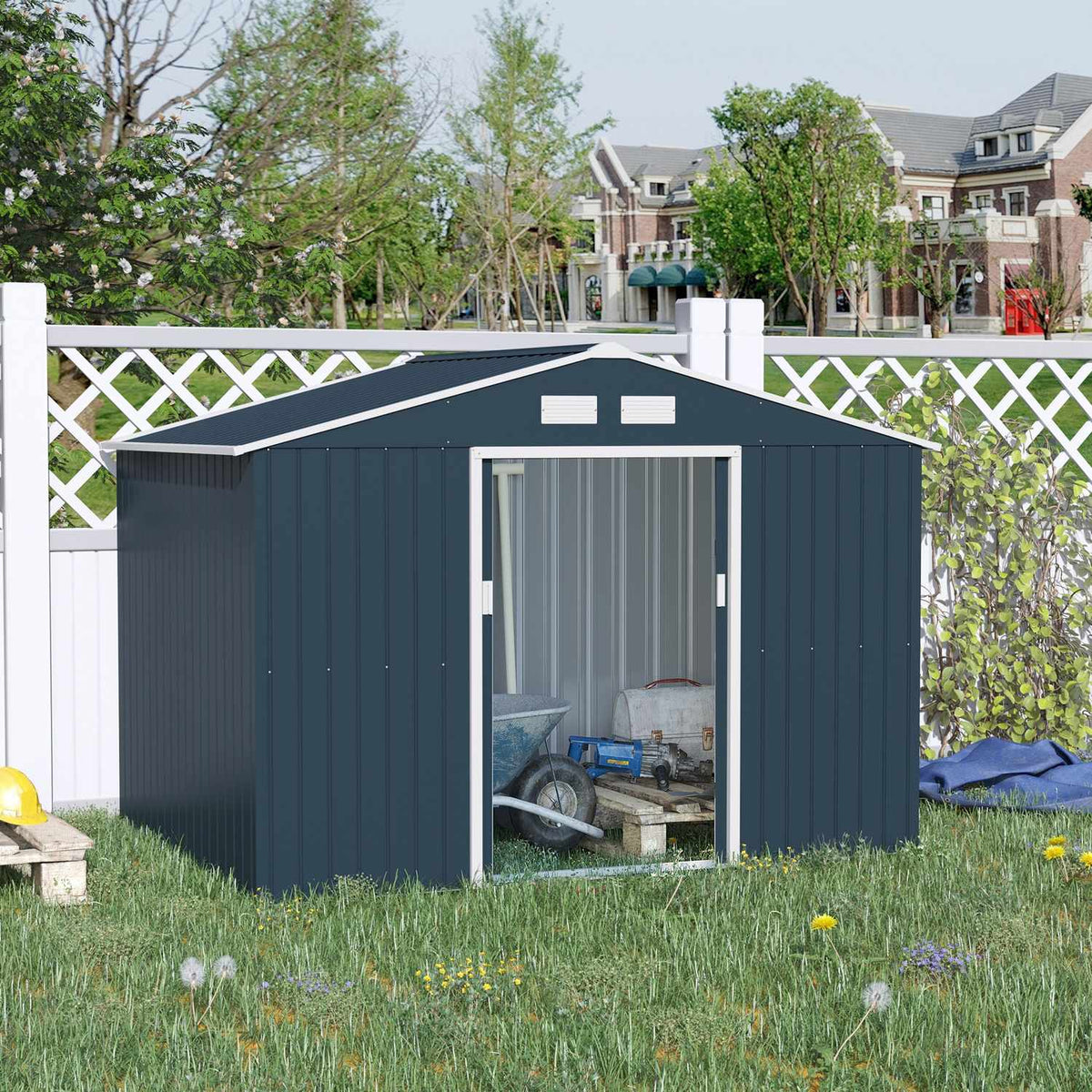 Tool Shed Garden Shed Garden Shed With Floor Frame And Sliding Doors Weatherproof Steel Charcoal Gray 277 X 195 X 192 Cm