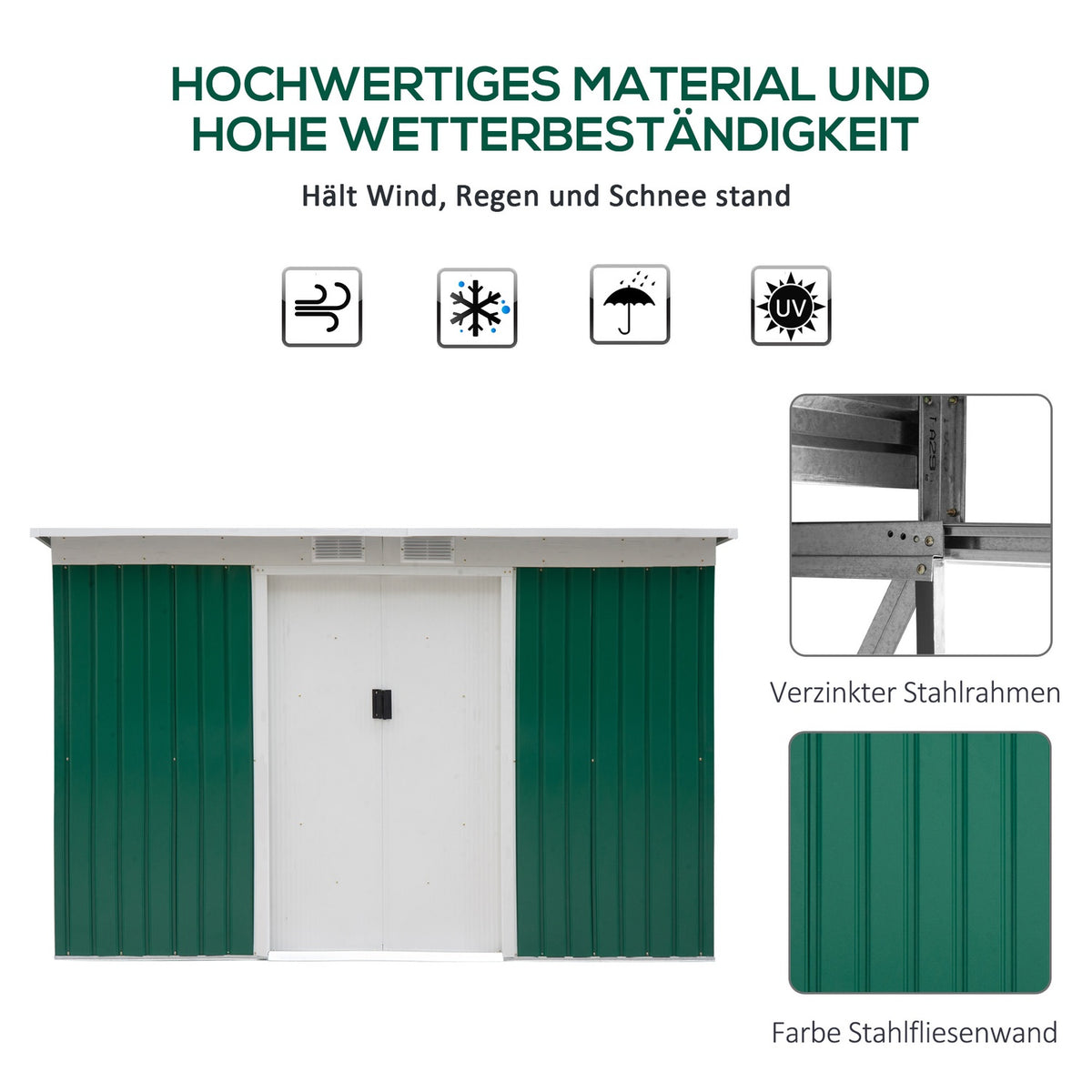 Tool Shed, Garden Shed, Tool Shed With Sliding Door, Ventilation Window, Lean-To Roof, Outdoor, Steel, Dark Green, 280 X 130 X 172 Cm