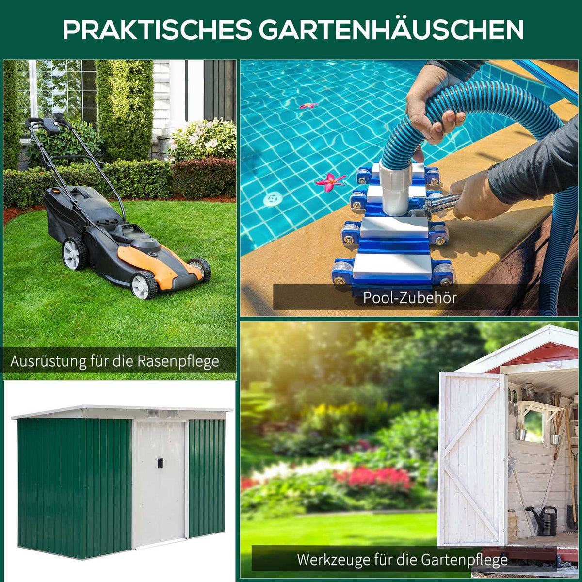 Tool Shed, Garden Shed, Tool Shed With Sliding Door, Ventilation Window, Lean-To Roof, Outdoor, Steel, Dark Green, 280 X 130 X 172 Cm
