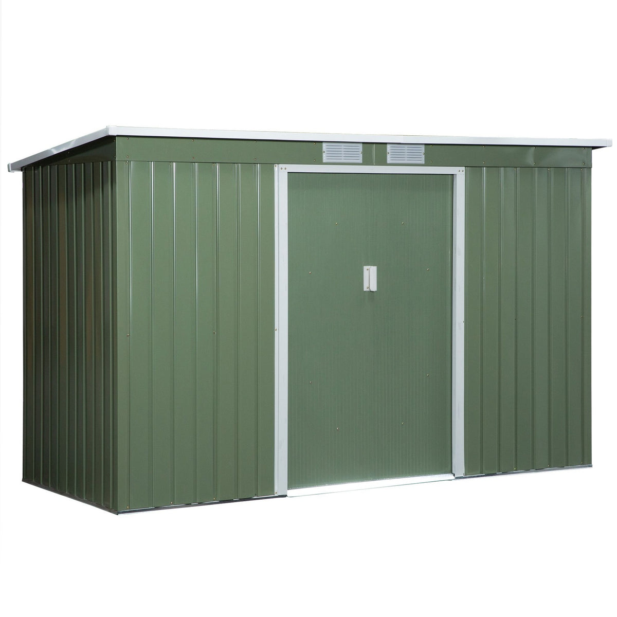 Tool Shed, Garden Shed, Tool Shed With Sliding Door, Ventilation Window, Lean-To Roof, Outdoor, Steel, Light Green, 280 X 130 X 172 Cm