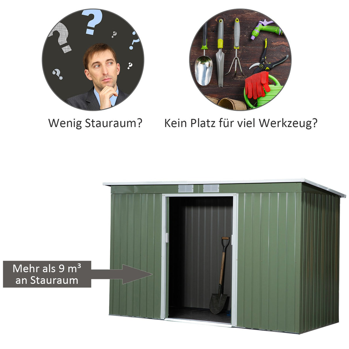 Tool Shed, Garden Shed, Tool Shed With Sliding Door, Ventilation Window, Lean-To Roof, Outdoor, Steel, Light Green, 280 X 130 X 172 Cm