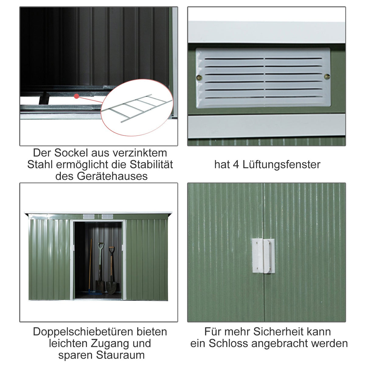 Tool Shed, Garden Shed, Tool Shed With Sliding Door, Ventilation Window, Lean-To Roof, Outdoor, Steel, Light Green, 280 X 130 X 172 Cm