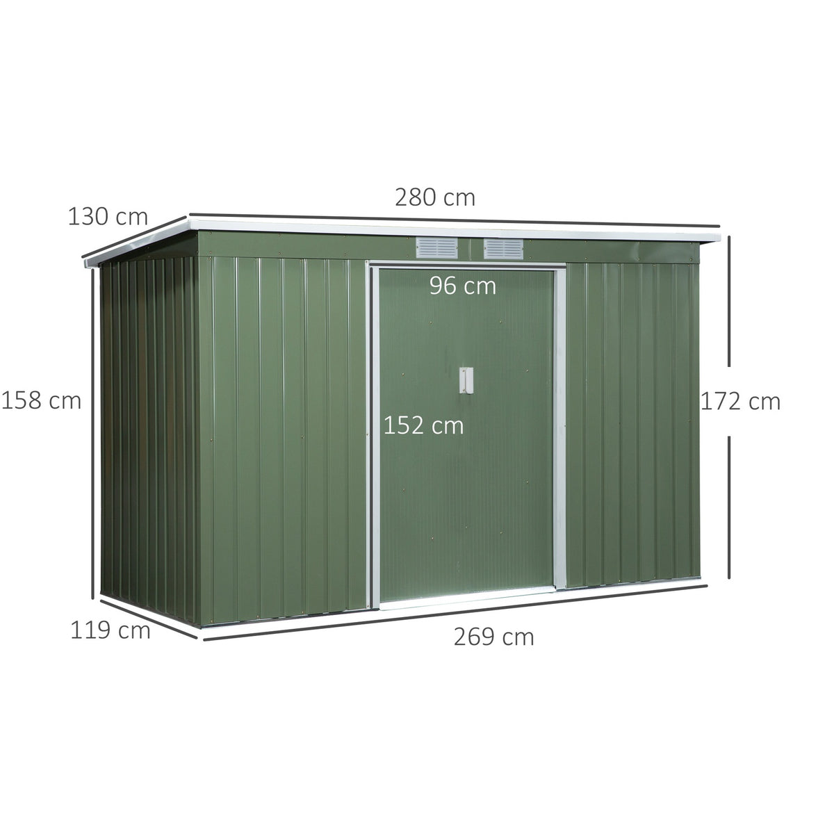 Tool Shed, Garden Shed, Tool Shed With Sliding Door, Ventilation Window, Lean-To Roof, Outdoor, Steel, Light Green, 280 X 130 X 172 Cm
