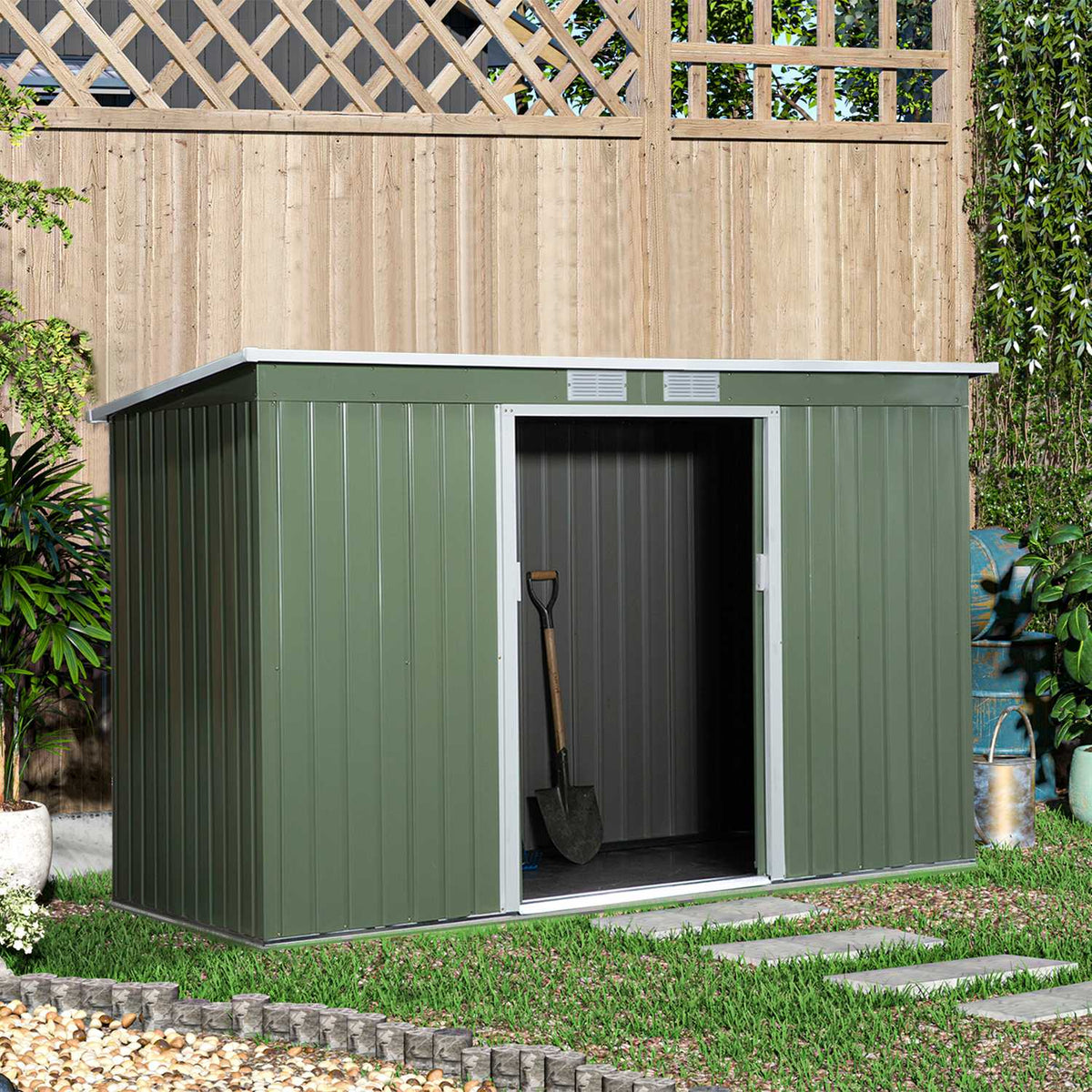 Tool Shed, Garden Shed, Tool Shed With Sliding Door, Ventilation Window, Lean-To Roof, Outdoor, Steel, Light Green, 280 X 130 X 172 Cm
