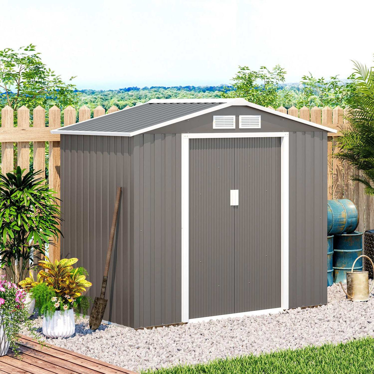 Tool Shed Garden Shed With Floor Frame & Sliding Doors, Weatherproof, Steel, Light Green, 213X130X185Cm