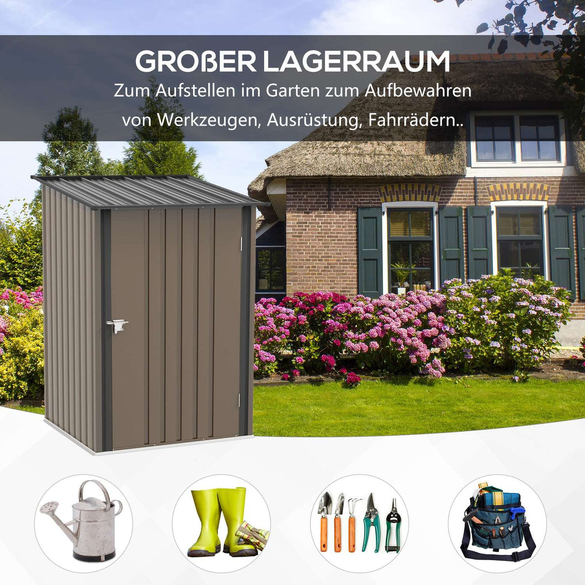 Tool Shed Made Of Steel, 0.92 M² Tool Shed With Pent Roof Garden Cupboard Lockable, Garden Shed, 100 X 103 X 160 Cm, Brown