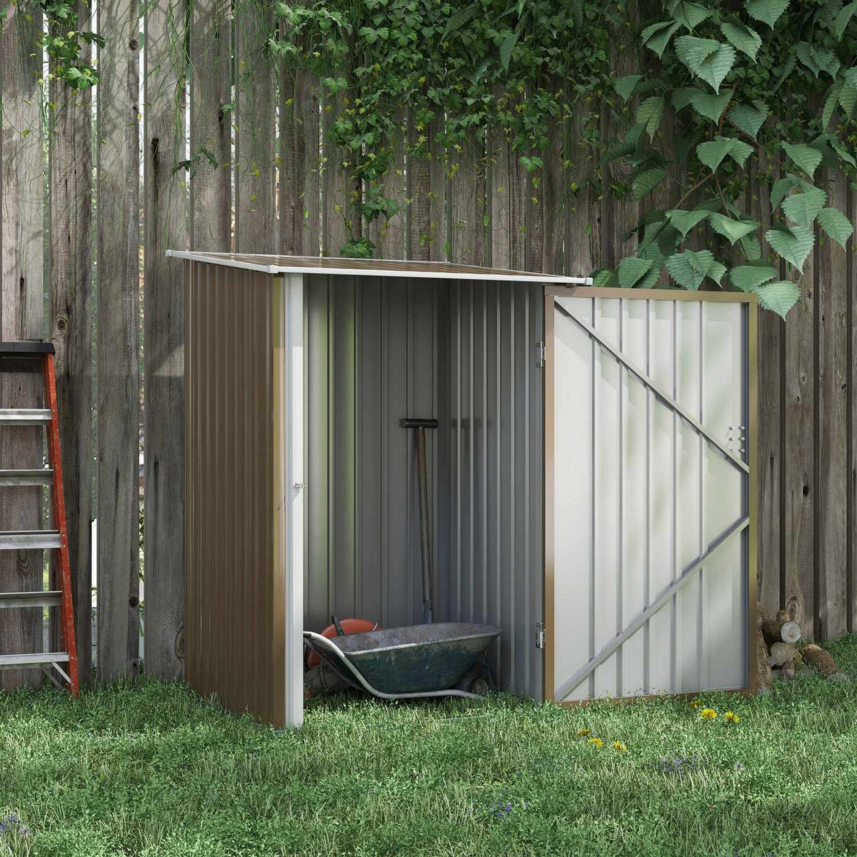Tool Shed Made Of Steel, 0.92 M² Tool Shed With Pent Roof Garden Cupboard Lockable, Garden Shed, 100 X 103 X 160 Cm, Brown