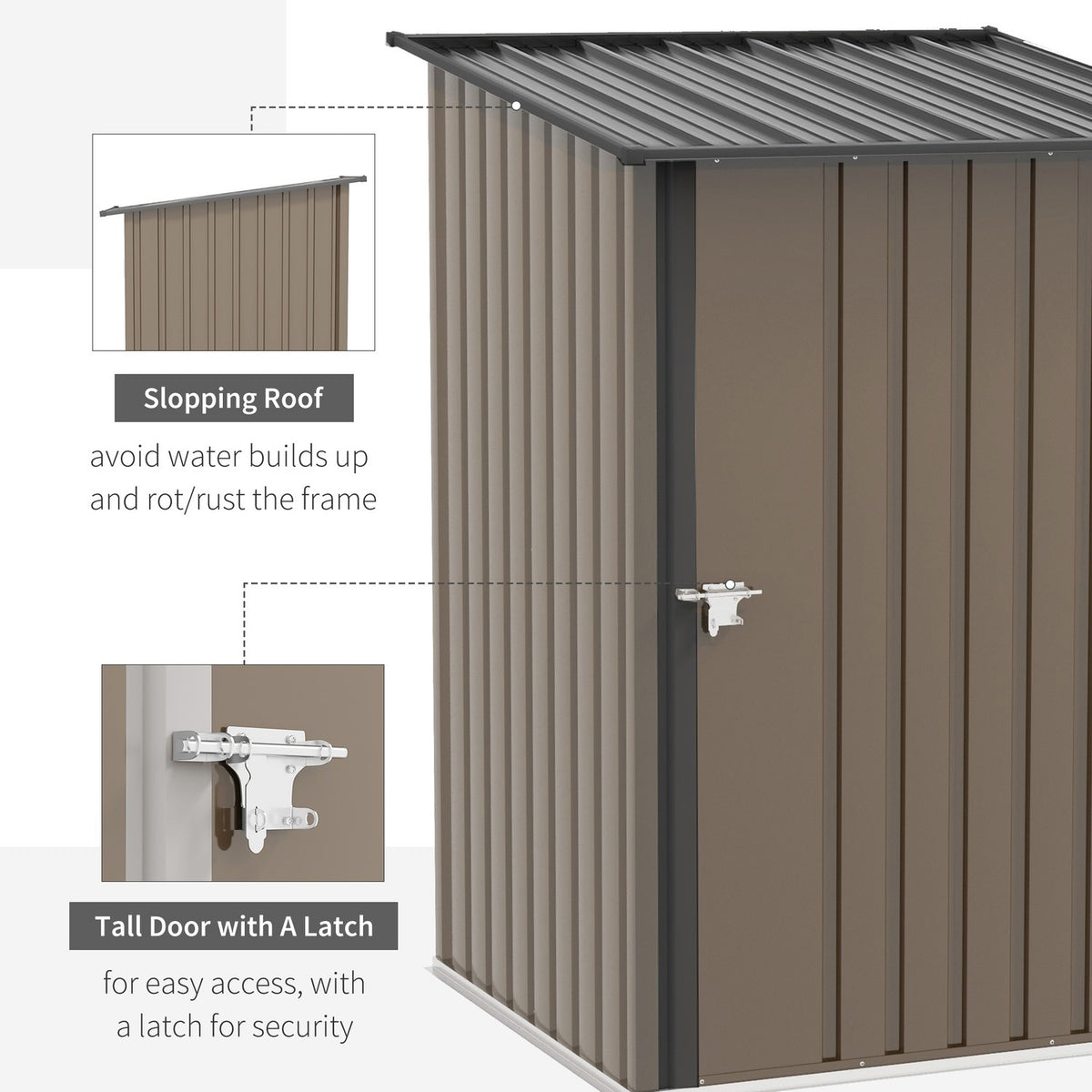 Tool Shed Made Of Steel, 0.92 M² Tool Shed With Pent Roof Garden Cupboard Lockable, Garden Shed, 100 X 103 X 160 Cm, Brown