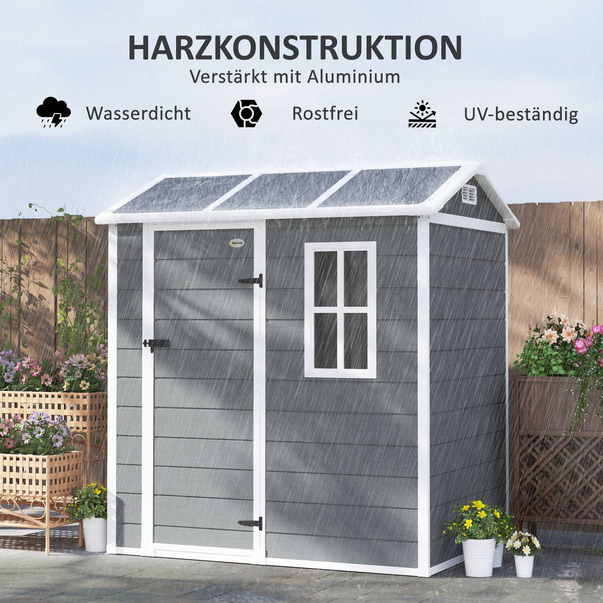 Tool Shed Plastic 2.1m² 186 x 130 x 199cm Tool Shed with Gable Roof Floor Window Lockable Door Weatherproof Garden Shed Outdoor Garden Shed for Backyard Gray