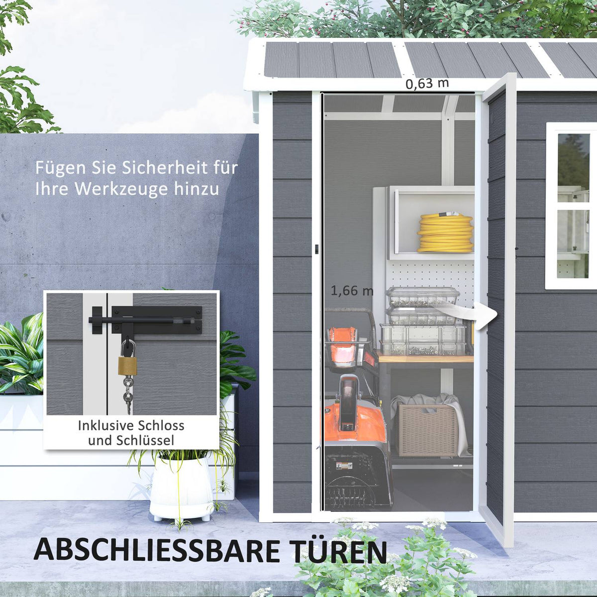 Tool Shed Plastic 2.1m² 186 x 130 x 199cm Tool Shed with Gable Roof Floor Window Lockable Door Weatherproof Garden Shed Outdoor Garden Shed for Backyard Gray